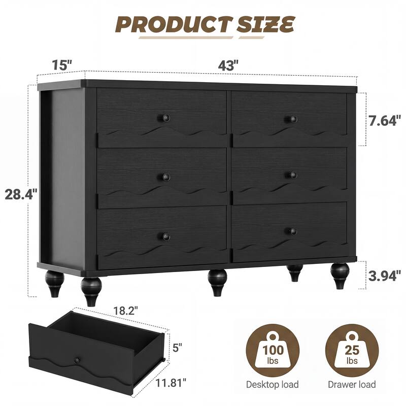Narill Wave-Inspired 6-Drawer Dresser Closet Organizer, 43-In Chest of Drawers TV Stand