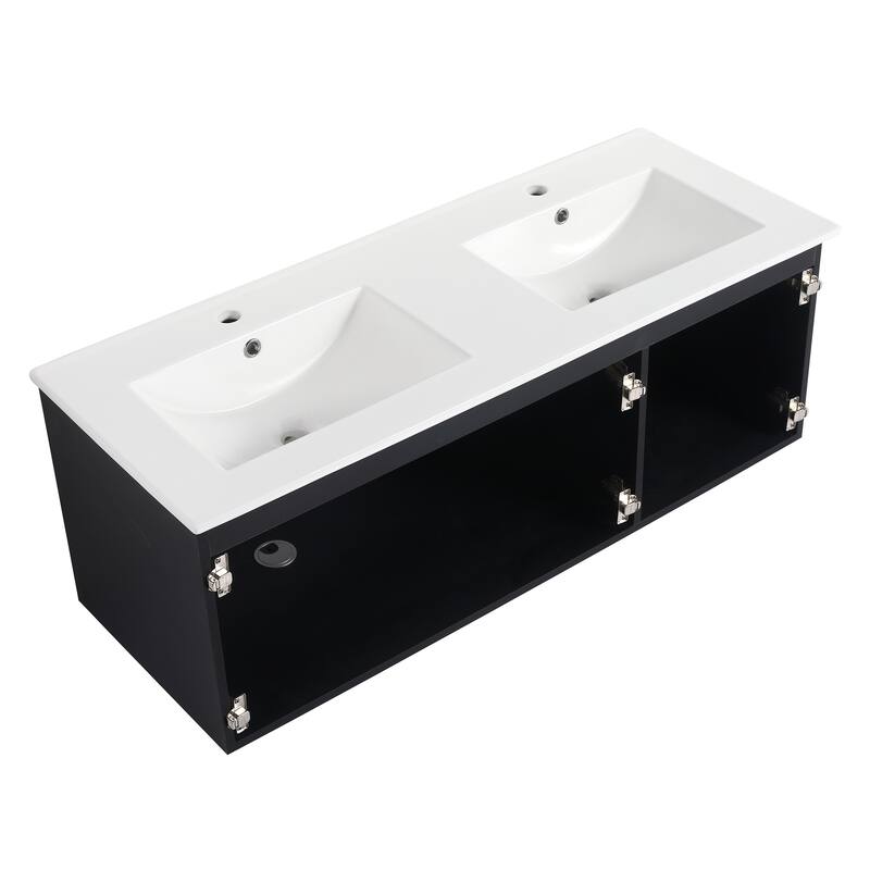 Plywood Wall Mounting Bathroom Vanity Set in Black with Integrated Ceramic Sink