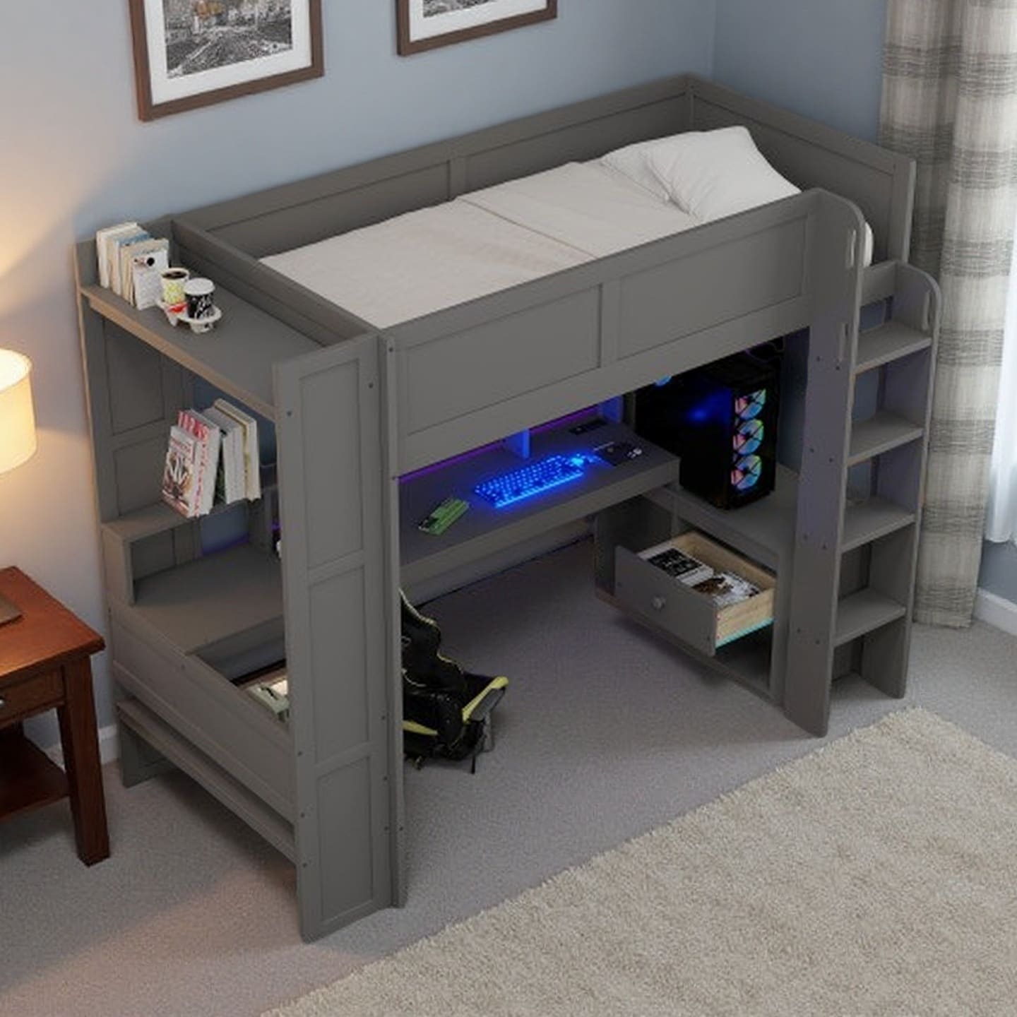 Full Size Loft Bed with Built-in Desk, LED Shelf Lighting, Charging Ports, and Storage Cabinet, Dark Gray Wood Frame