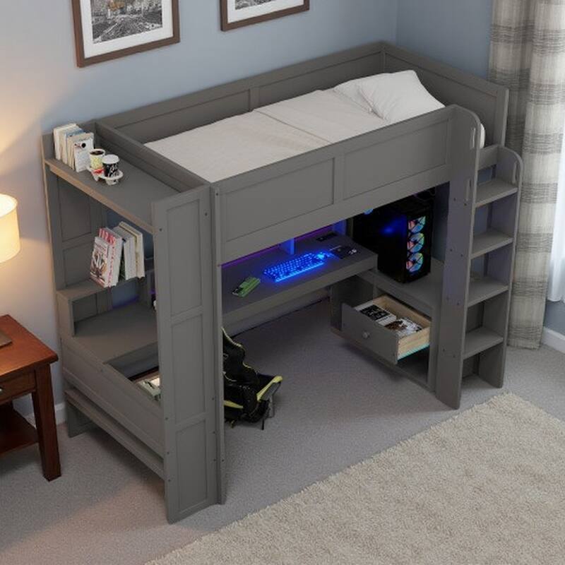 Full Size Loft Bed with Built-in Desk, LED Shelf Lighting, Charging Ports, and Storage Cabinet, Dark Gray Wood Frame - Twin Dark Gray - Twin