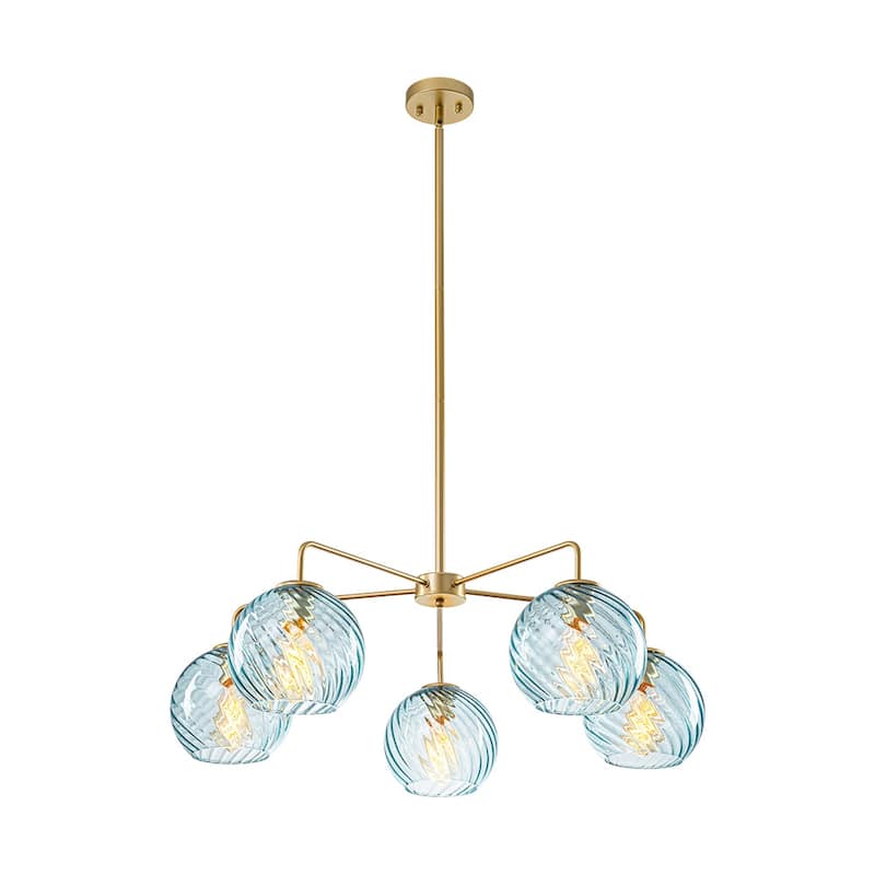 5-Light Blue Swirled Glass Globe Bubble Round Chandelier 35in