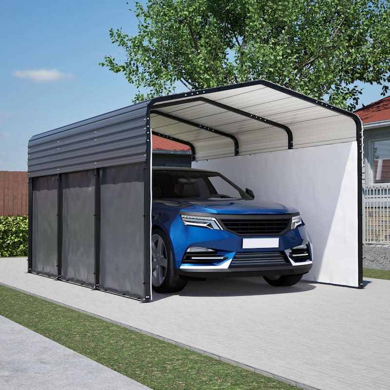 GDFStudio - Oliver Heavy Duty Outdoor Metal Carport with Waterproof Tarpaulin and Reinforced Base - Black - 10x15 FT