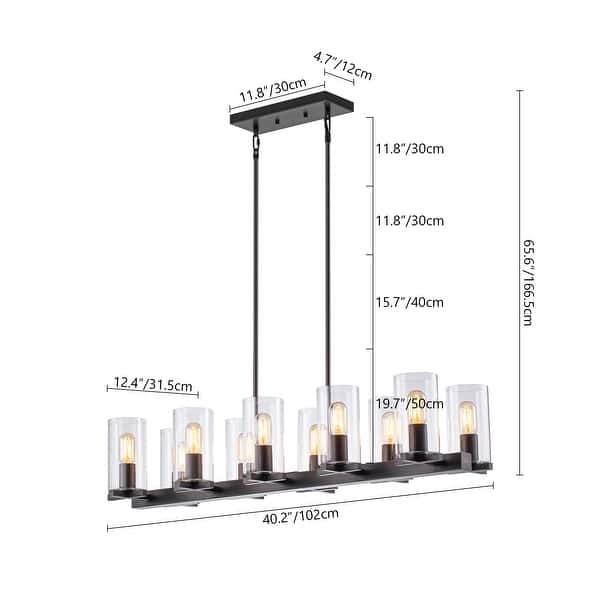 10-Light Industrial Farmhouse Linear Candle Chandelier with Cylinder Clear Glass Shade