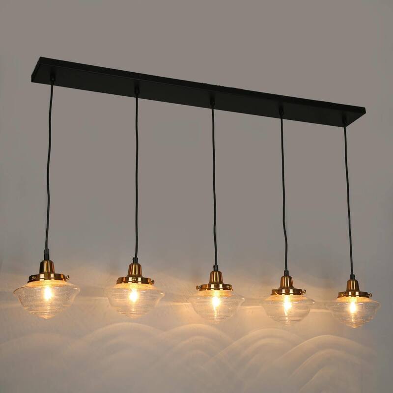 Modern 5-Light Black Gold Linear Chandeliers Kitchen Island Lights for Dining Room with Seeded Glass - 44'' L x 6.5'' W x 8'' H