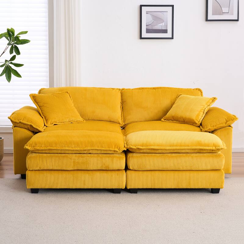 84.6" Corduroy 2-seats sofa With 2 back pillows,2 toss pillows and two ottoman - Yellow
