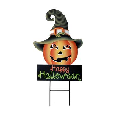 27" Happy Halloween Metal Jack O Lantern Stake