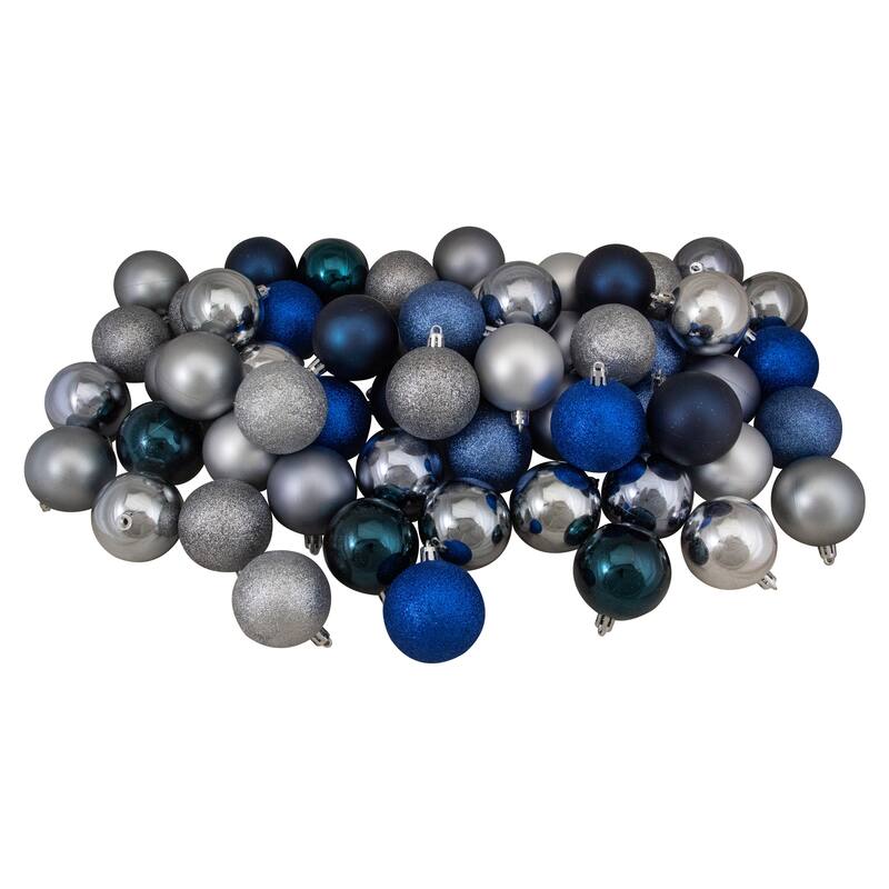 60ct Silver Blue Shatterproof 3-Finish Christmas Ball Ornaments 2.5"