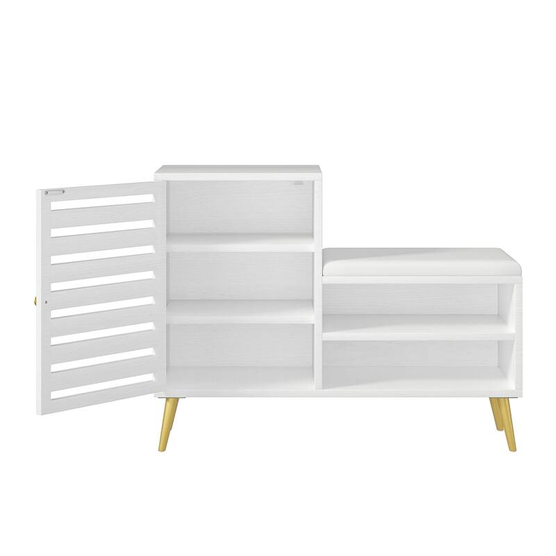 Javlergo L-Shaped Entryway Bench with Shoe Storage PU Cushion & Magnetic Shutter Door Hall Bench with Gold Legs for Living Room