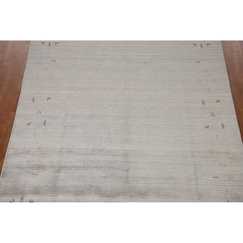 Tribal Gabbeh Indian Area Rug Handmade Beige / Ivory Wool Carpet - 7'9"x 9'8"