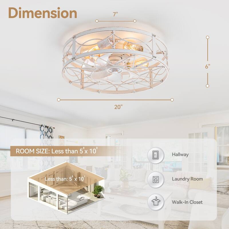 20" 7-Blade Distressed White Flush Mount Caged Ceiling Fan with Light Remote