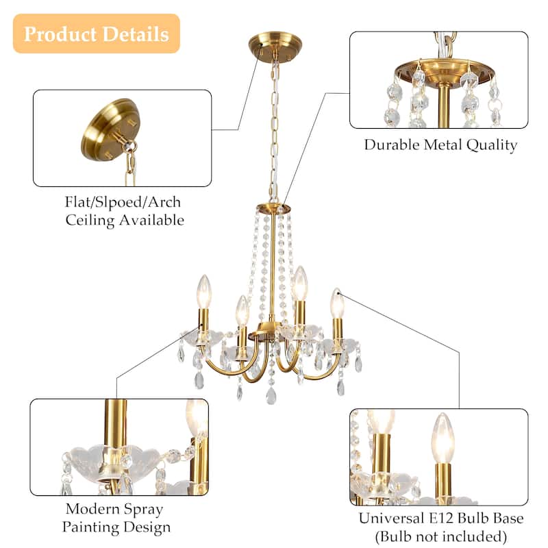 4-Light Candle Style Chandelier with Crystal Accents for Living Room Bedroom