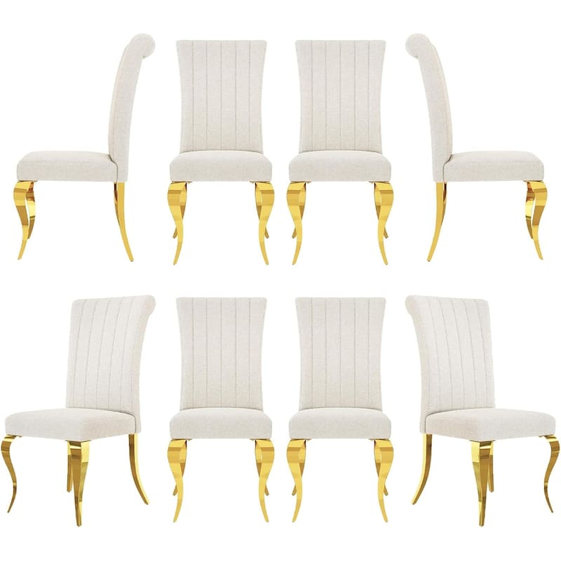 Polished Gold Dining Chairs with White Boucle Upholstery - Set of 8 - Gold