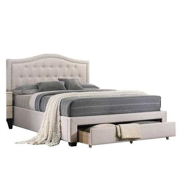 slide 1 of 1, Buk Upholstered Tufted Full Bed with Storage, Nailhead Trim, Ivory Burlap