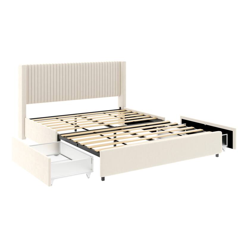 Modern Queen Platform Bed with Vertical Channel Tufted Wingback Headboard, Storage Drawers, No Box Spring Needed