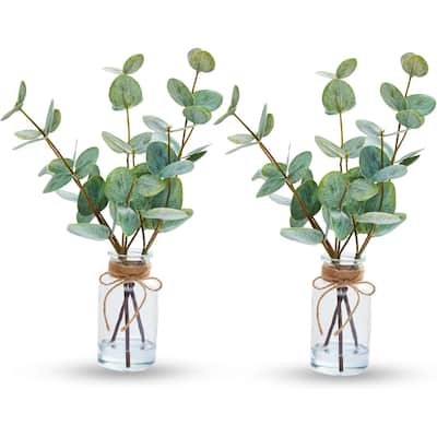 2PCS 13" Artificial Eucalyptus Stems in Vase with Faux Water for Home Decor - 2 pcs