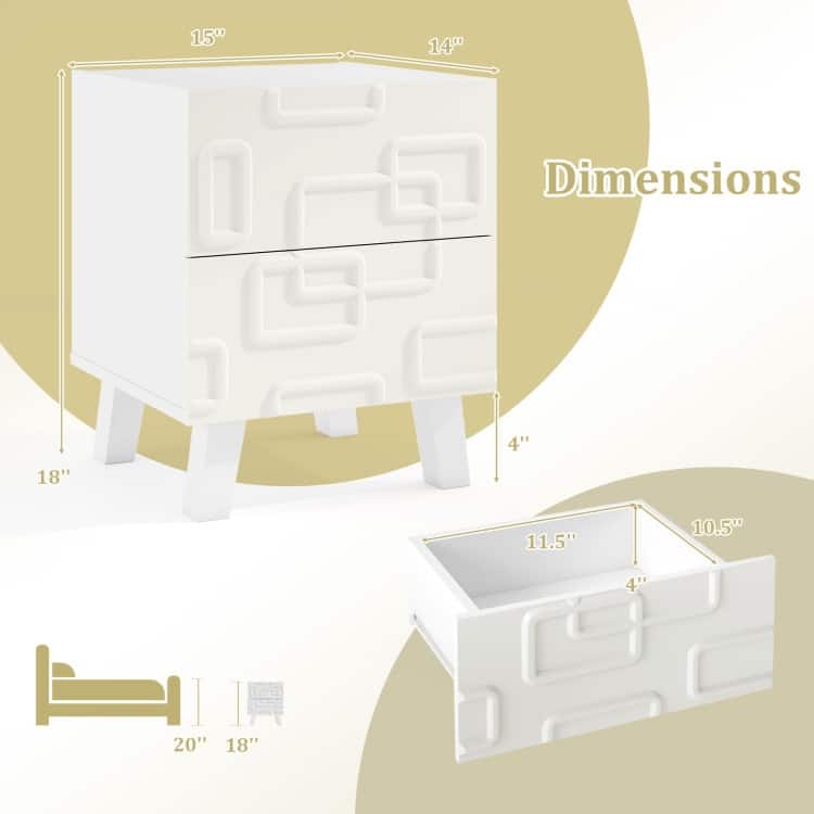 White Nightstand with 3D Geometric Drawer, 2 Drawers and Modern Design