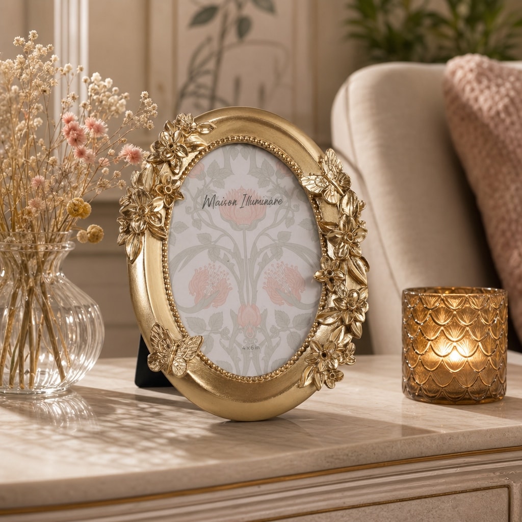 Decorative Oval Floral Butterfly Sculpted Picture Frame - 7", Gold