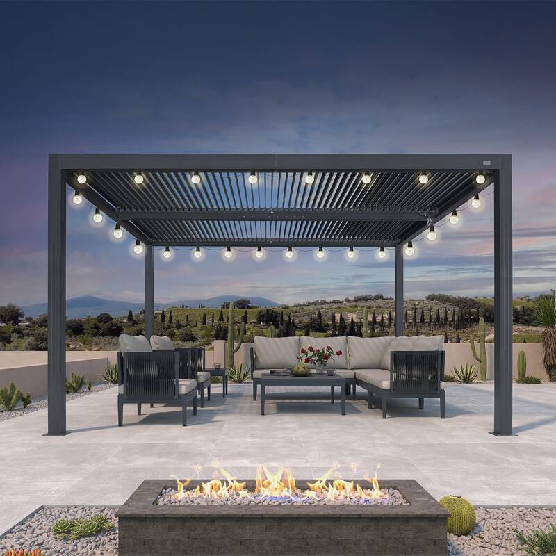 PURPLE LEAF Louvered Pergola with Solar Lights Hardtop Gazebo for Patio