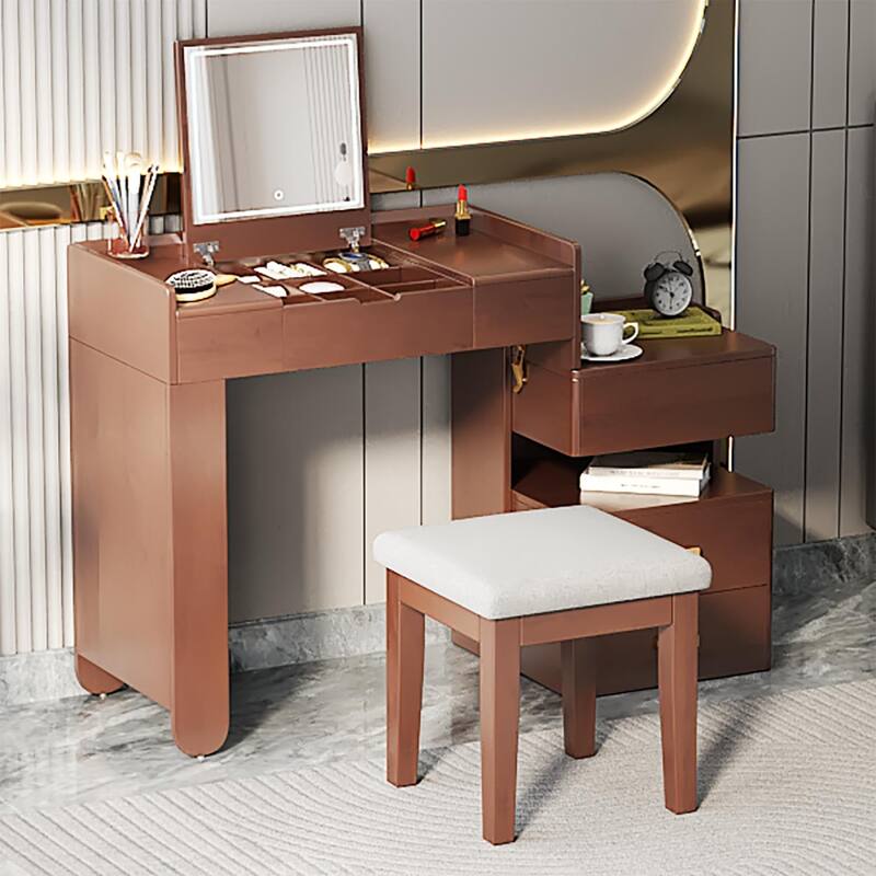 3-in-1 Makeup Vanity Desk with Stool, Flip-Top Mirror, Adjustable 3 Colors Lighting & Retractable Side Cabinet