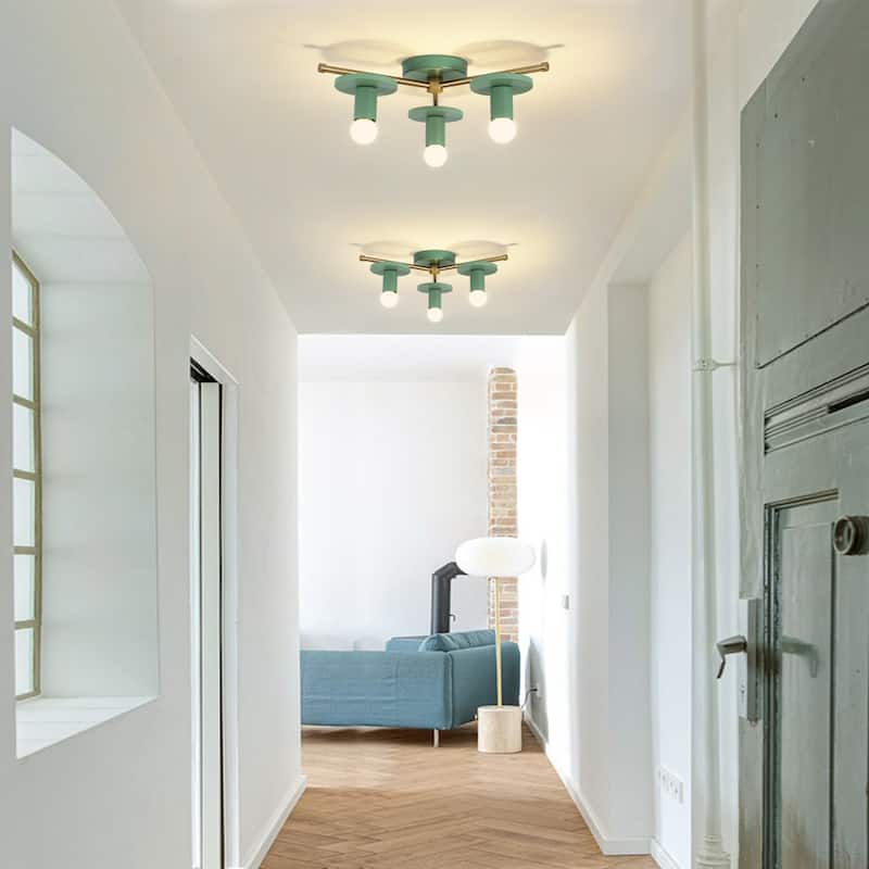 17.5" W 3-Light Modern Green/Black Sputnik Metal Wooden Semi-flush Mount Ceiling Light for Living Room, Bedroom