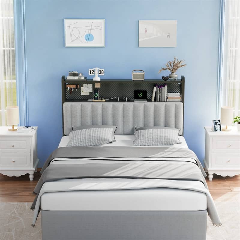 Adjustable Upholstered Headboard with 2 Tier Shelves with Charging Stations and LED Lights, Modern Bed Headboard with Storage