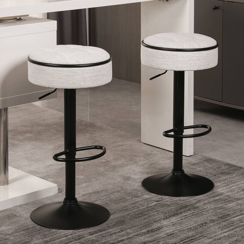 Round Linen Fabric Bar Stools Set of 2, Height Adjustable/360°Counter Height Swivel Stool - Off White