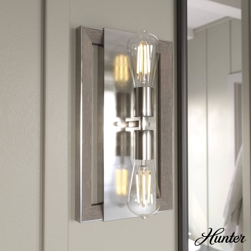 Hunter Woodburn Wall Sconce - Hallway, Bedroom, Artwork - Industrial, Rustic, Transitional - Damp Rated! - 2 Light - Brushed Nickel
