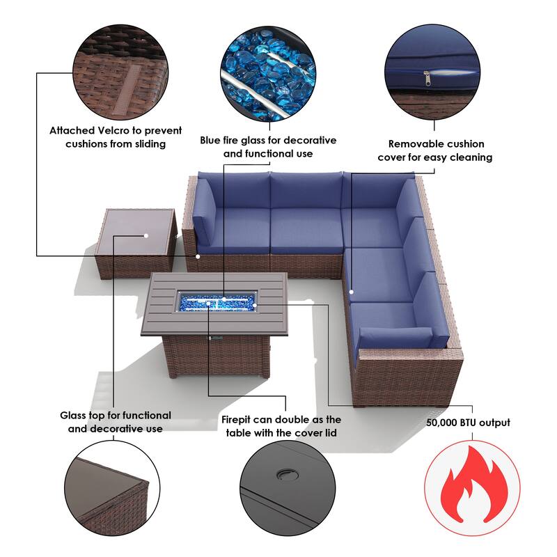 7 Piece Wicker Set Patio Sofa Furniture with Fire Pit And Table