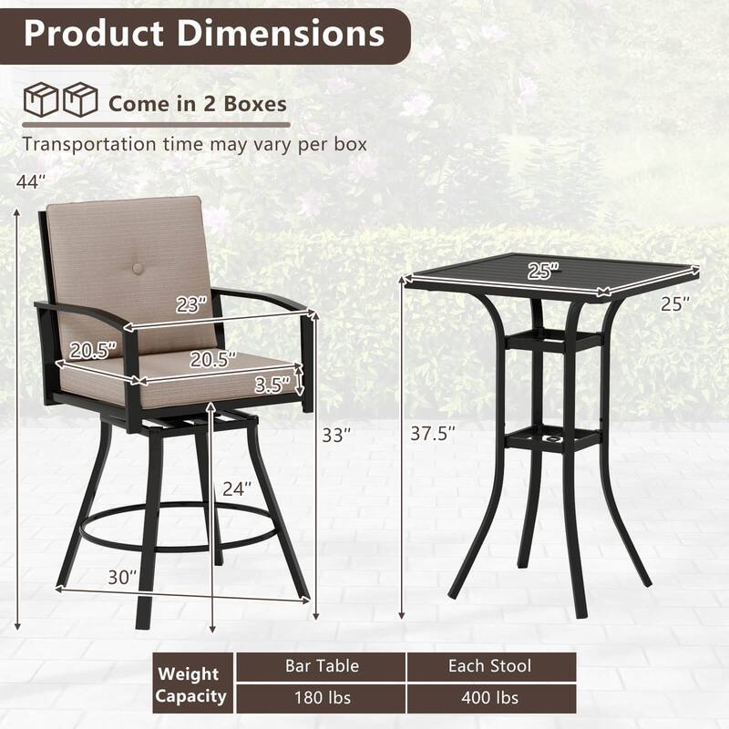 Gymax Set of 3 Swivel Bar Set Table & Chairs Set w/ Soft Cushions &
