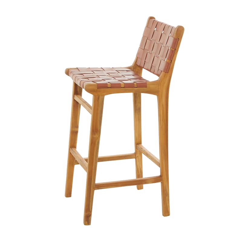 Teak Wood Woven Leather Seat and Back Bar Stool with Beam Footrest - Black or Brown- Roche River Decor