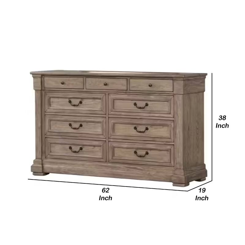 Roi Wide Dresser, 62 Inch, 9 Dovetail Drawers, Weathered Gray