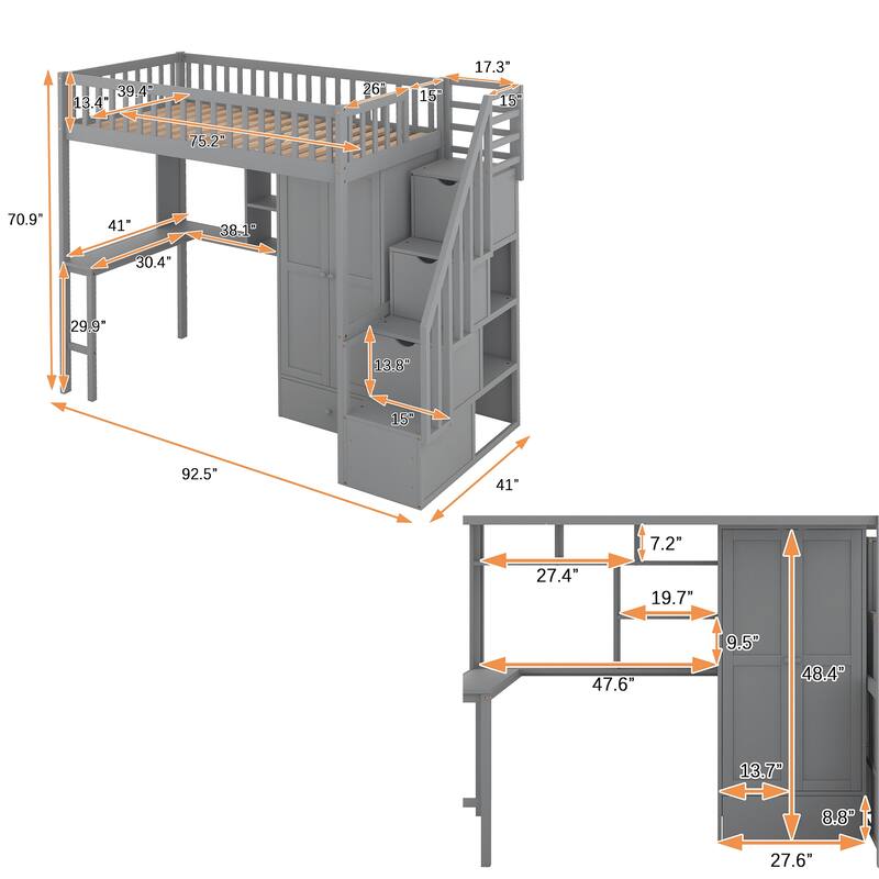 Twin size Loft Bed with Bookshelf,Drawers,Desk,and Wardrobe