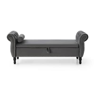 Elegant Grey Velvet Nailhead Trim Storage Ottoman Bench