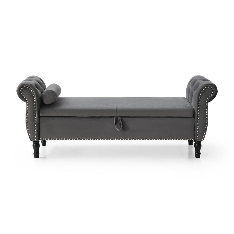 Elegant Grey Velvet Storage Bench: Versatile Ottoman with Nailhead Trim and Tufted Design