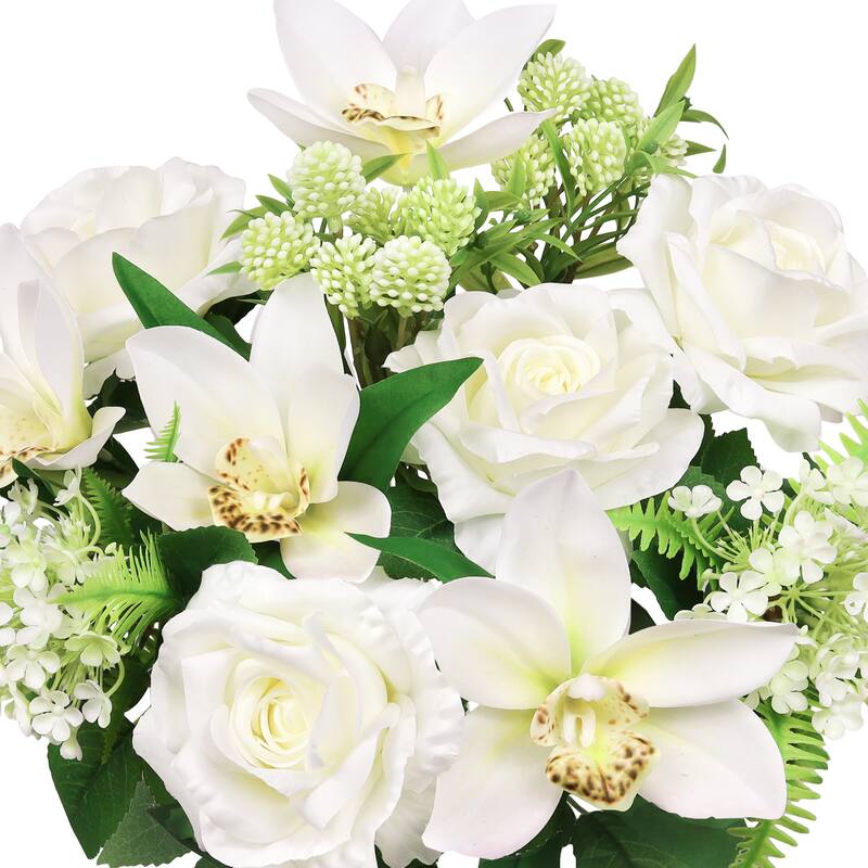 Set of 2 Cream White Artificial Mixed Rose Cymbidium Orchid Snowball Flower Stem Bush Bouquet 19in - 19" L x 12" W x 12" DP