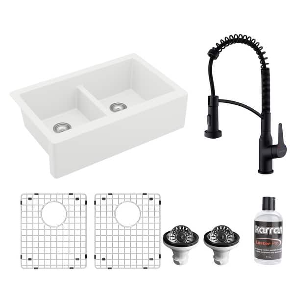 slide 2 of 9, Karran All in One Apron Front Quartz 34 in. Double Bowl 50/50 Kitchen Sink in White with Faucet KKF210 in Matte Black