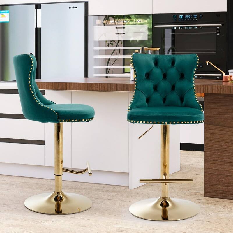Velvet Upholstered Nailheads Tufted Swivel Bar Stools (Set of 2)