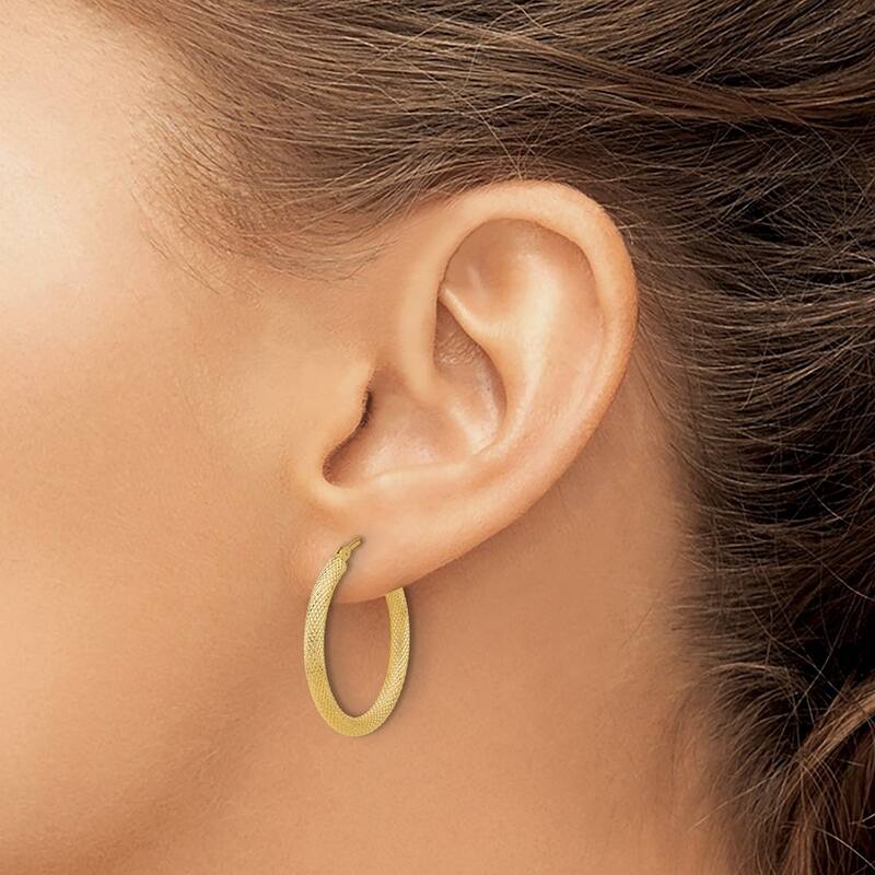 Curata 14k Yellow Gold Polished and Textured Round Hoop Earrings - 24.75x25.09mm