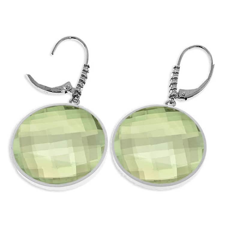 14K Solid Gold Diamonds Earrings w/ Checkerboard Cut Green Amethysts
