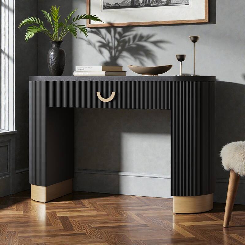 Modern Oval Console Table with Vertical Ribbed Design, Drawer Storage & Solid Base, Entryway Table for Living Room
