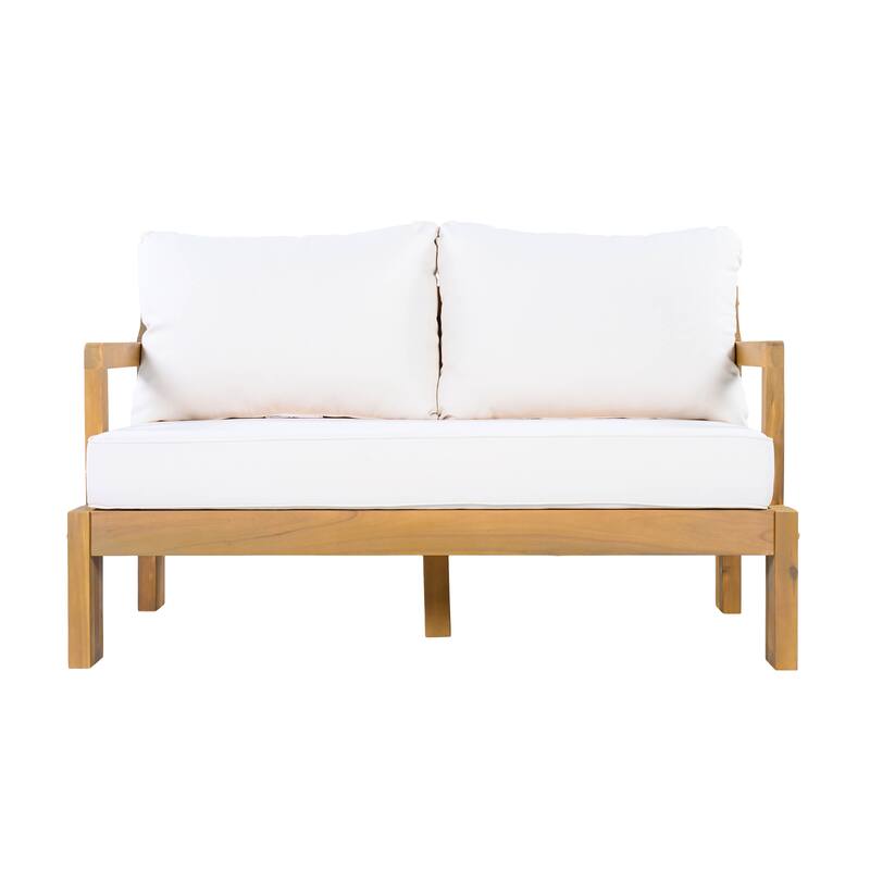 Christopher Knight Home - Outdoor 2-Piece Acacia Wood Patio Chat Set with High-Density Cushioned Loveseat & Coffee Table