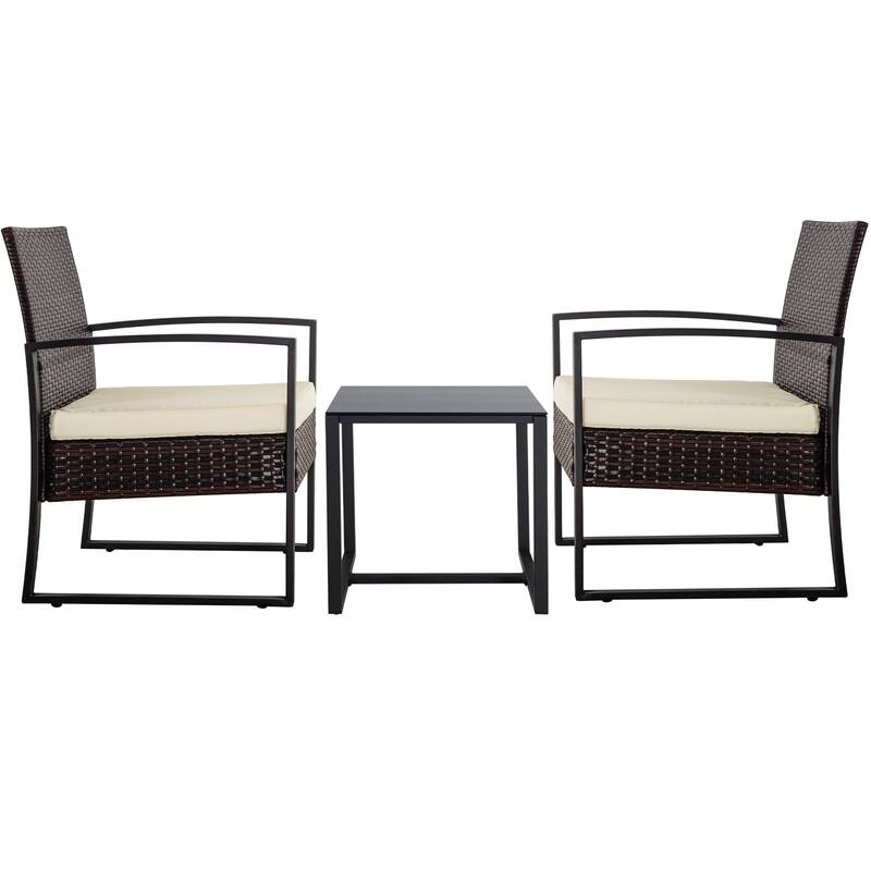 3-PC Outdoor Wicker Conversation Set w/ 2 Cushions, Glass Coffee Table