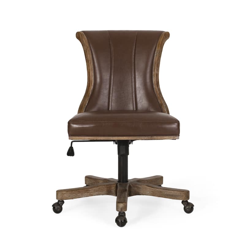 Roomfitters Contemporary Swivel & Lift Office Chair with Adjustable Height, Brown Faux Leather & Weathered Rubberwood Frame