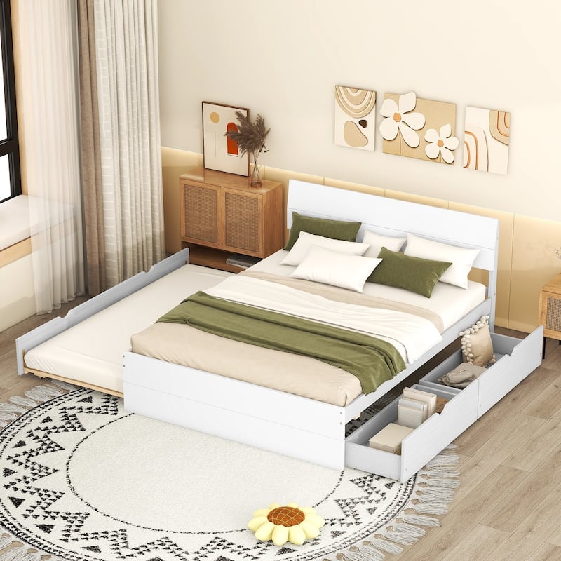 Modern Full Bed Frame With Twin Size Trundle And 2 Drawers, Full Size Bed - White