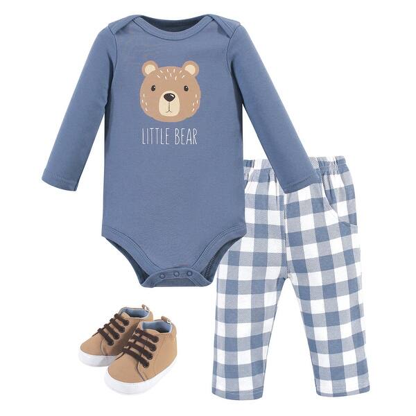 slide 1 of 1, Hudson Baby Infant Boy Cotton Bodysuit, Pant and Shoe 3pc Set, Little Bear 0-3 Months - Little Bear