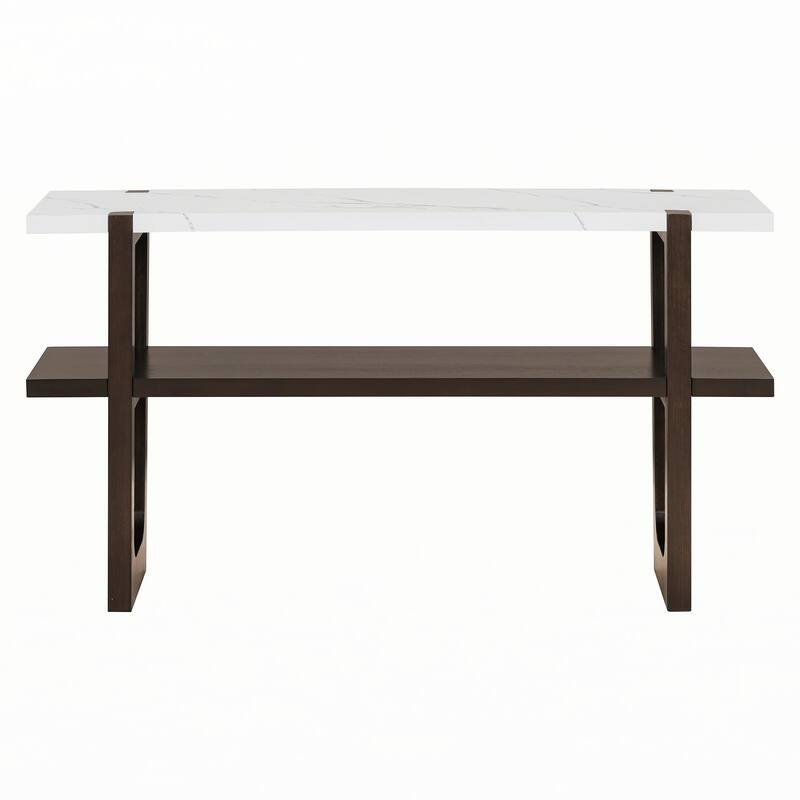 Narrow Console Table with Marble-Effect Top(Espresso)