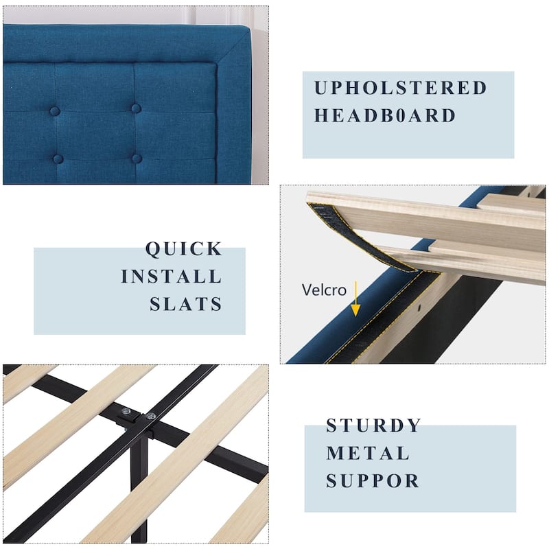 Modern Upholstered Platform Bed Frames with Adjustable Headboard,Blue Beds