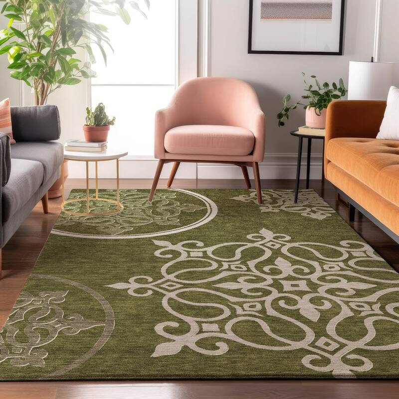 Premium Washable Super Soft Transitional Scroll Mayfield Rug - Olive - 9' x 12'