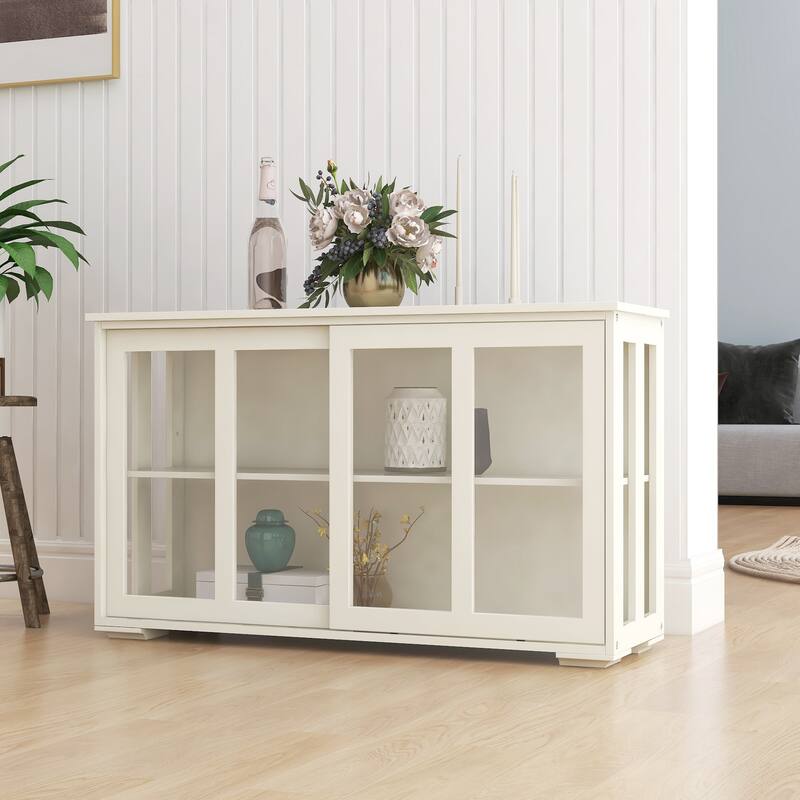 Kitchen Storage Cabinet with Sliding Glass Door, Wooden Storage Stand Sideboard Buffet Cabinet for Living Room Dinning Room