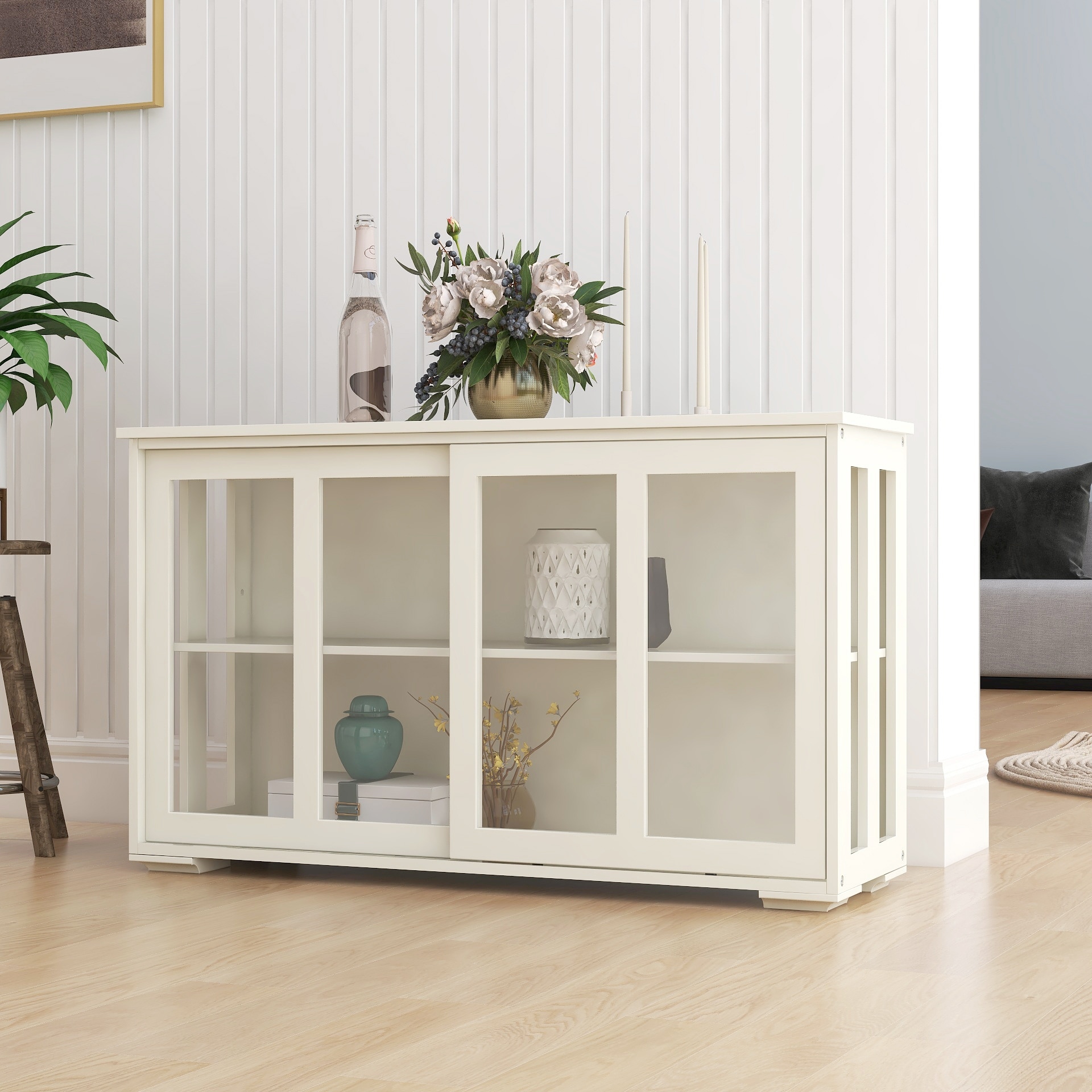 Wine Cabinet Table with Large Storage, Sideboard Cabinet with Glass Sliding Door, Buffet Cabinet with Adjustable Shelves